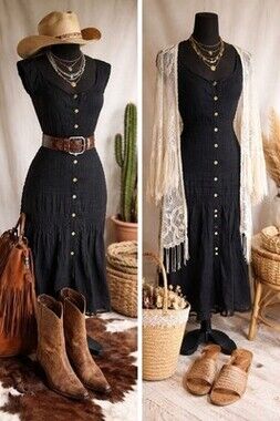Black Dress button Midi Boho Western Cottage  Festival y2k Size 0 xs